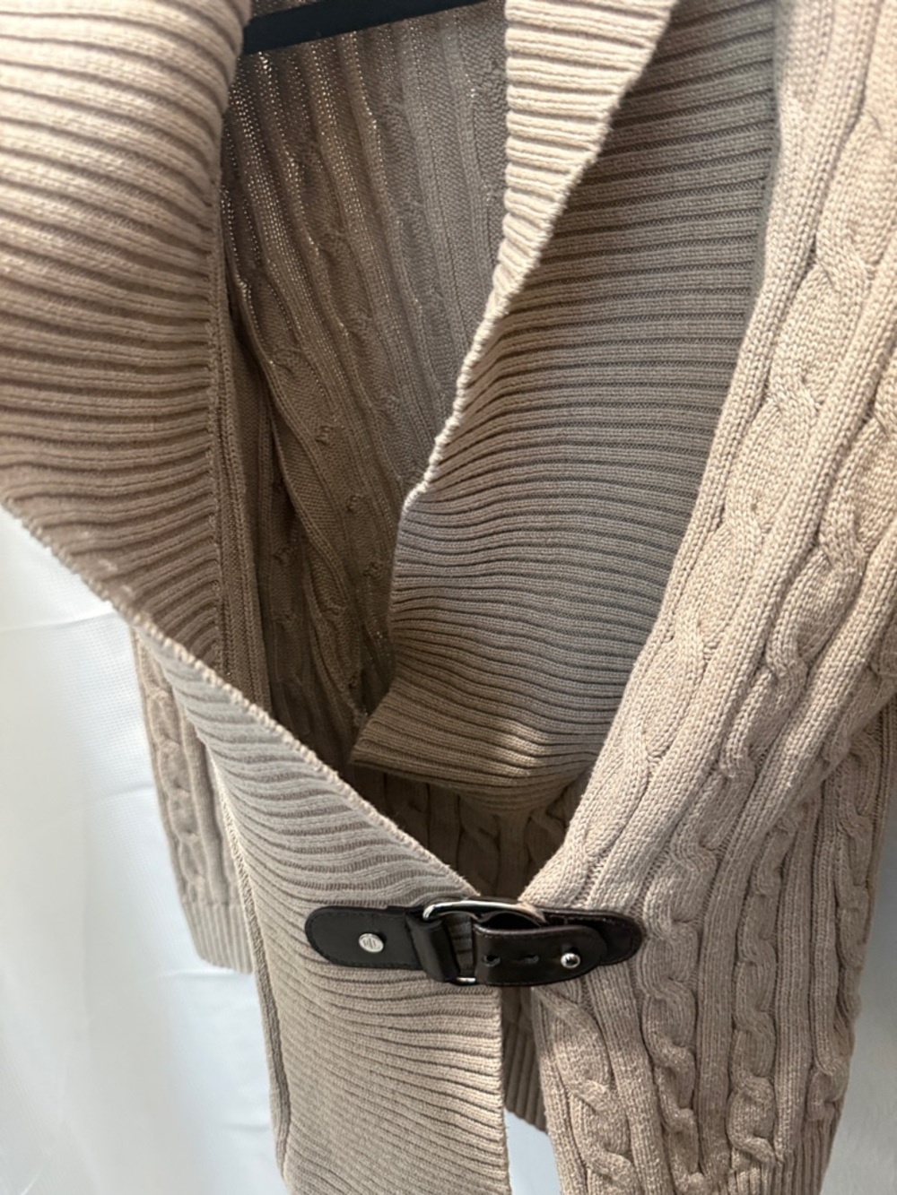 Lauren Ralph Lauren Beige Cable-Knit Shawl Collar Cardigan with Buckle - Picture 8 of 9